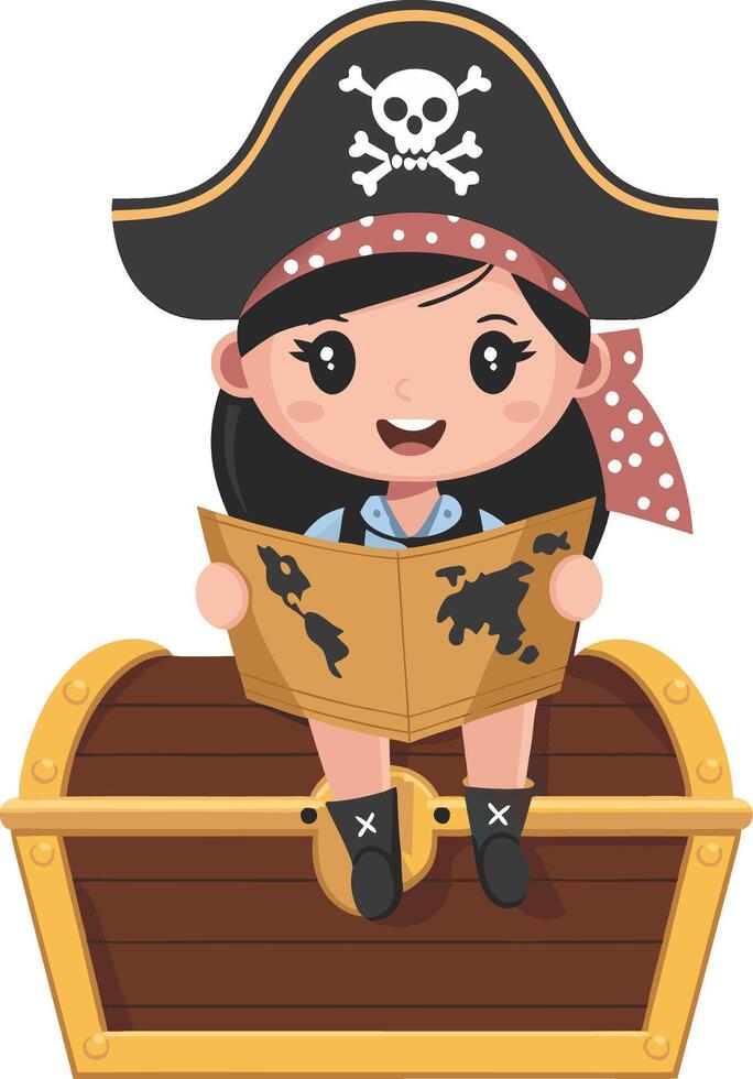 Cute Girl Pirate Holding Treasure Map Sitting on Treasure Chest Illustration vector