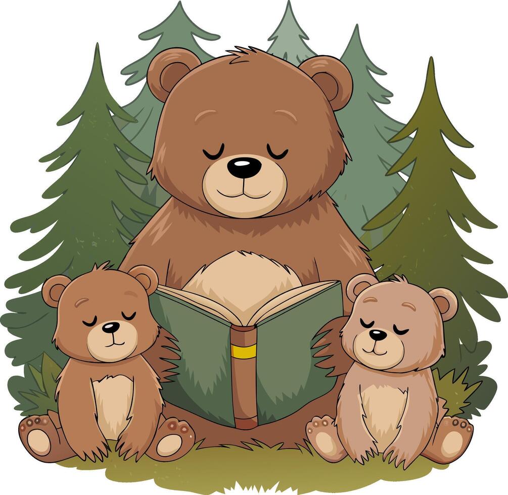 Adorable Bear Family Reading Storybook in Forest Illustration vector
