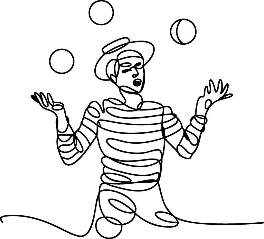 One Line Drawing of Mime Artist Juggling Balls in Minimalist Style vector