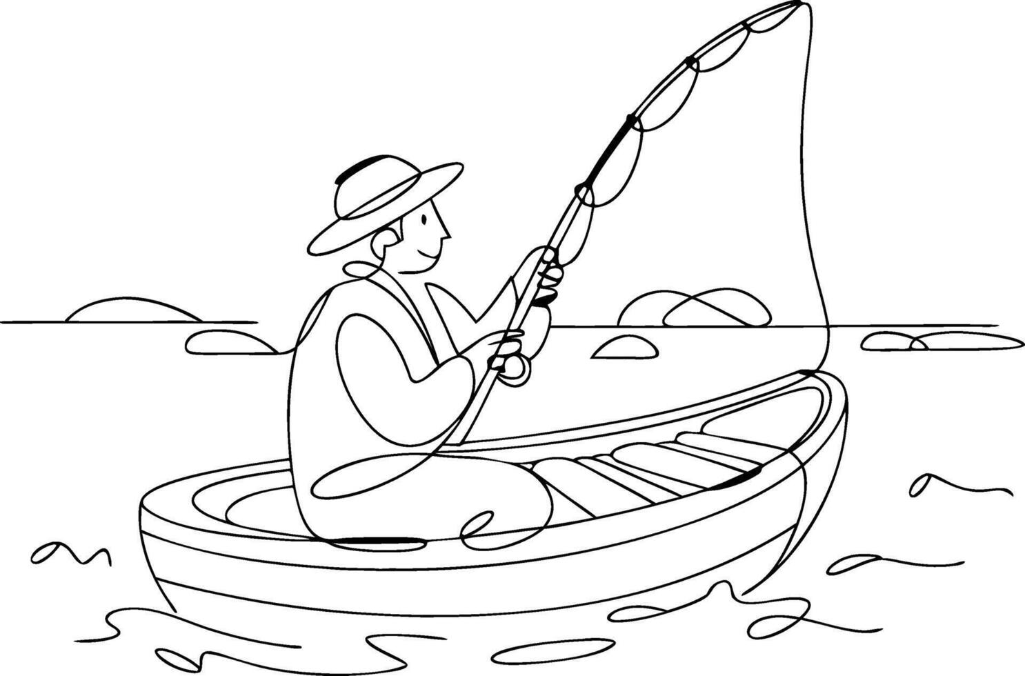 Minimalist Illustration Man Fishing in Boat on Calm Lake vector