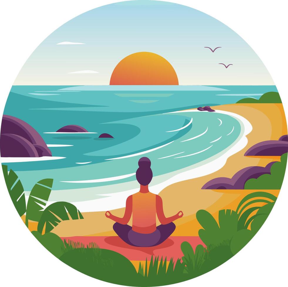 Meditation at Tropical Beach Sunset Peaceful Illustration vector