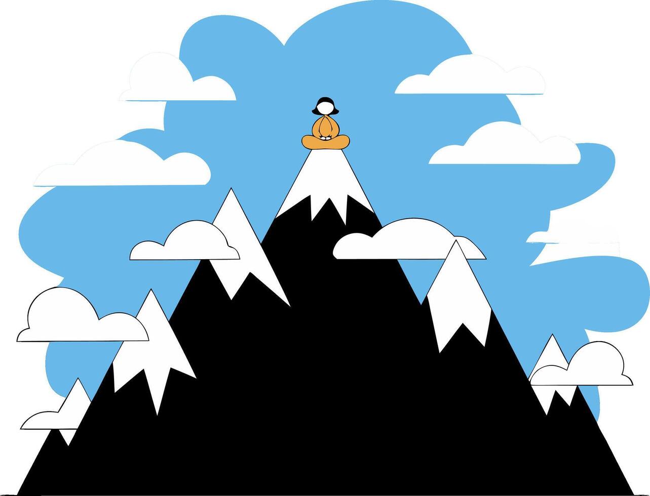 Meditation on Mountain Peak Amid Clouds and Snowy Peaks for Tranquility and Mindfulness Concept vector