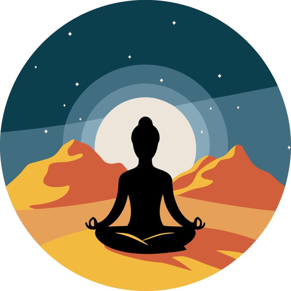 Meditation Silhouette in Desert Landscape Art with Night Sky and Moon vector