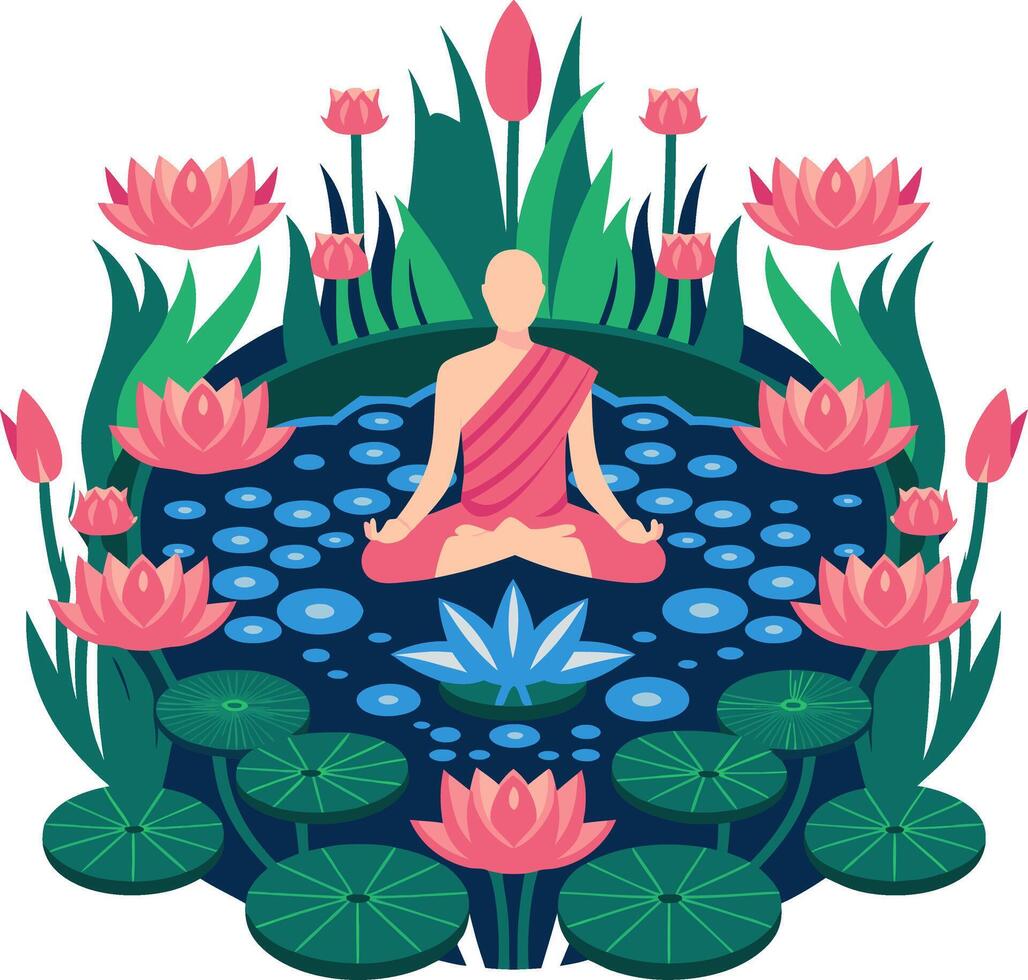 Meditation Amidst Lotus Blossoms in Serene Pond Illustration vector