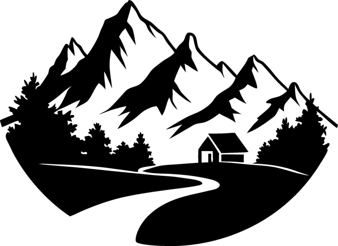 Majestic Mountain Landscape Silhouette with Cabin and Trees vector