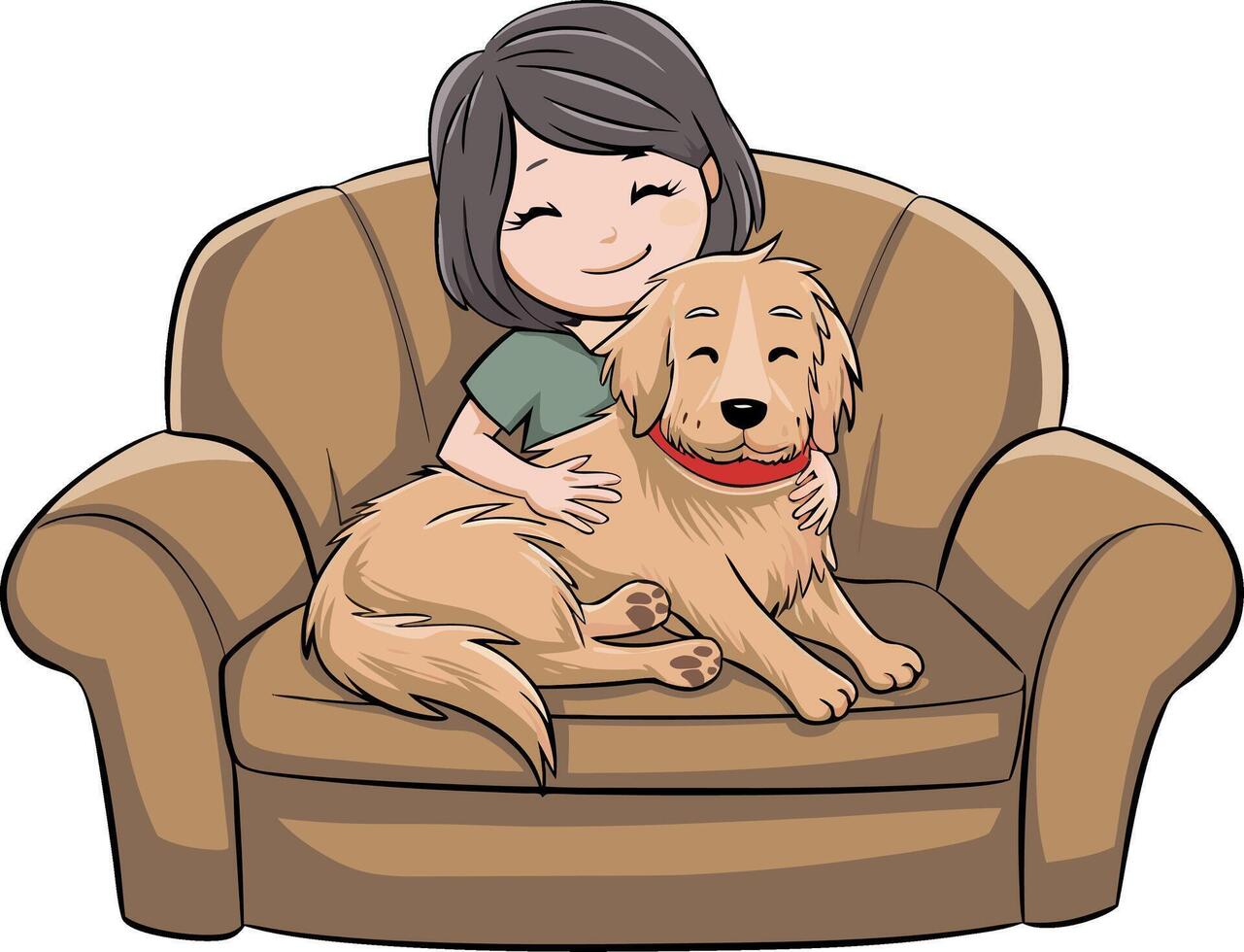Illustration of Happy Girl Hugging Golden Retriever on Couch vector