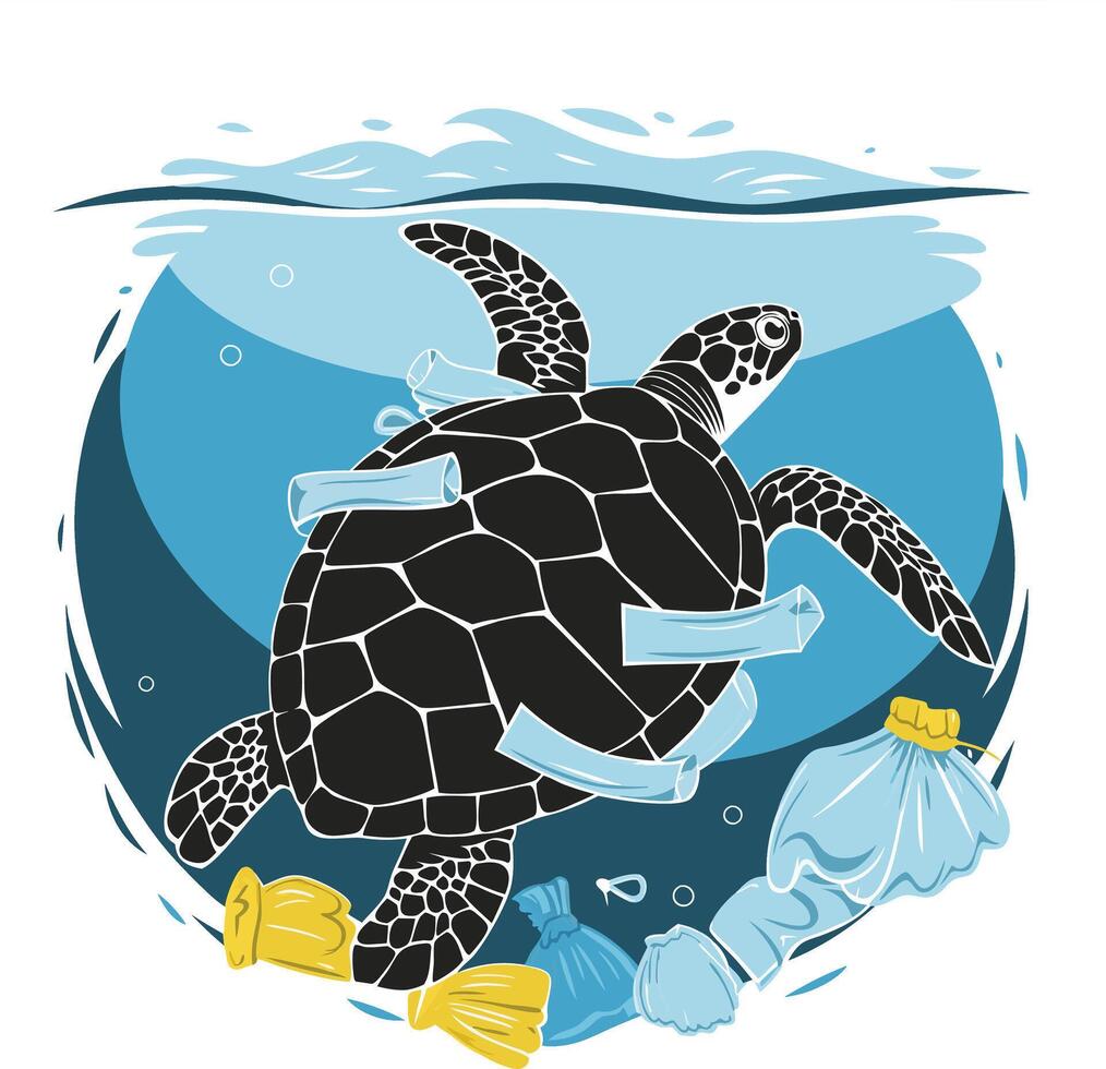 Marine Turtle Entangled in Ocean Plastic Pollution Environmental Impact vector