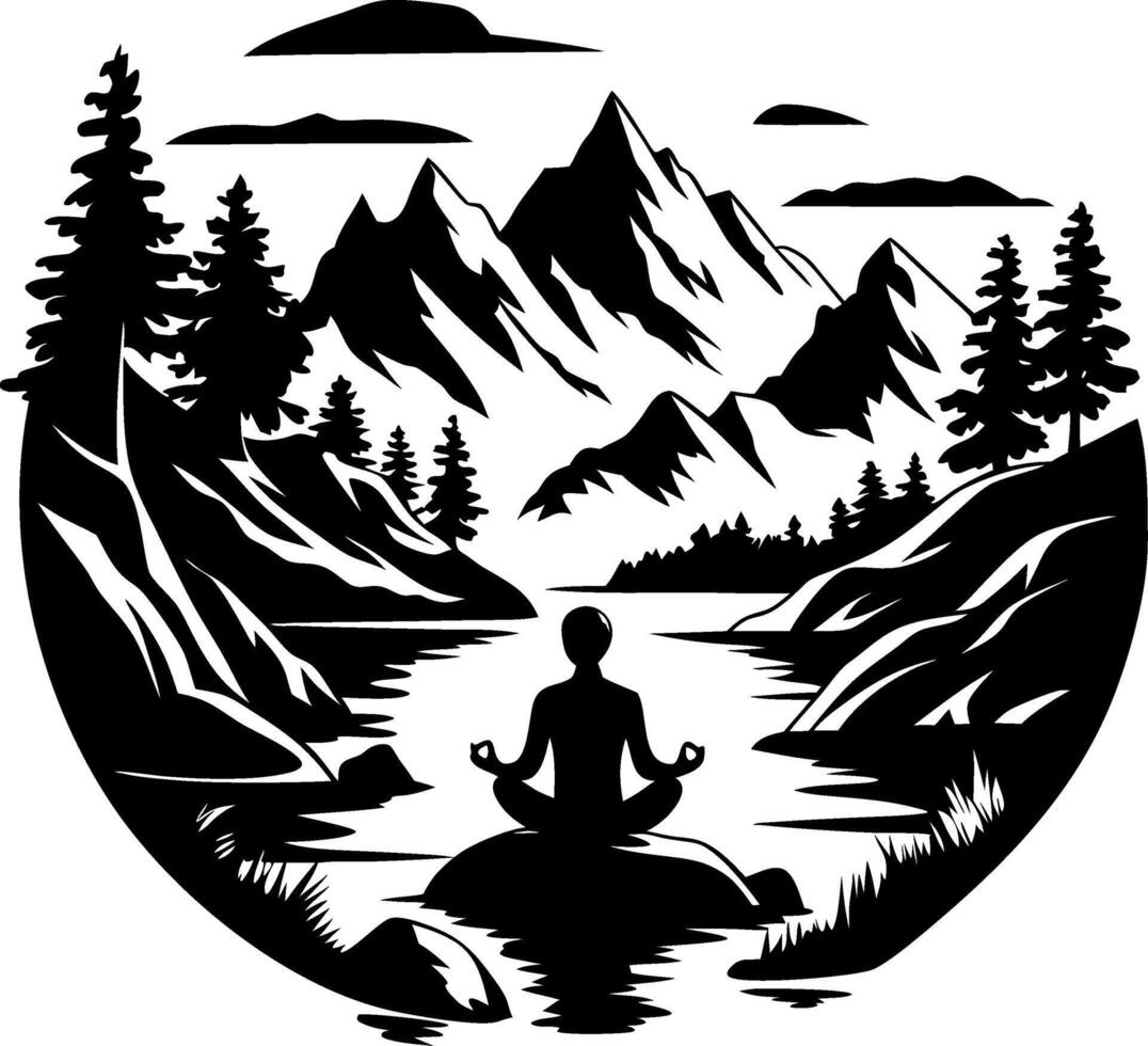 Meditative Silhouette in Mountain Landscape with Forest and River Art vector