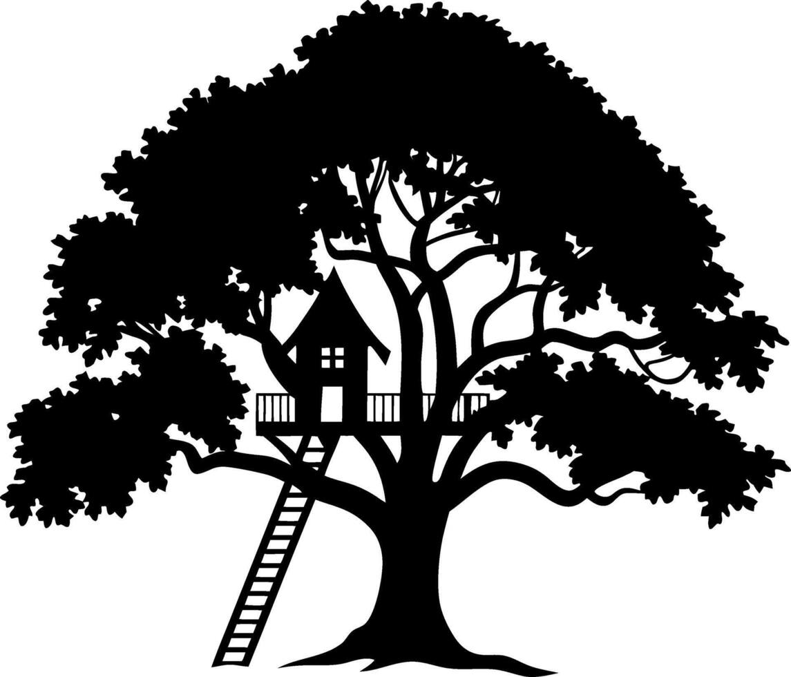 Majestic Treehouse Silhouette with Lush Canopy and Ladder for Nature Retreat Illustration vector