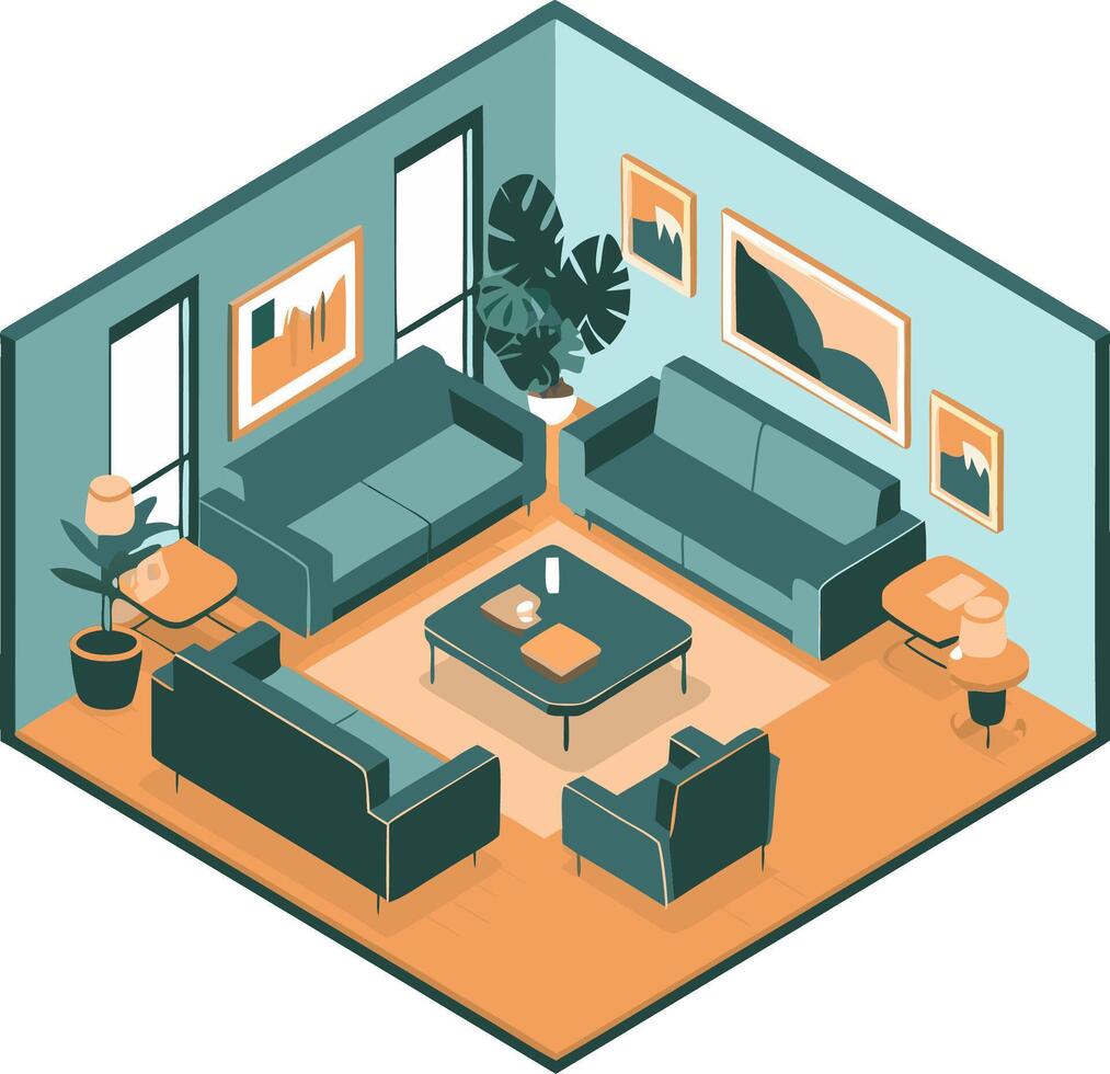 Isometric Modern Living Room Interior Design with Stylish Furniture and Decor vector
