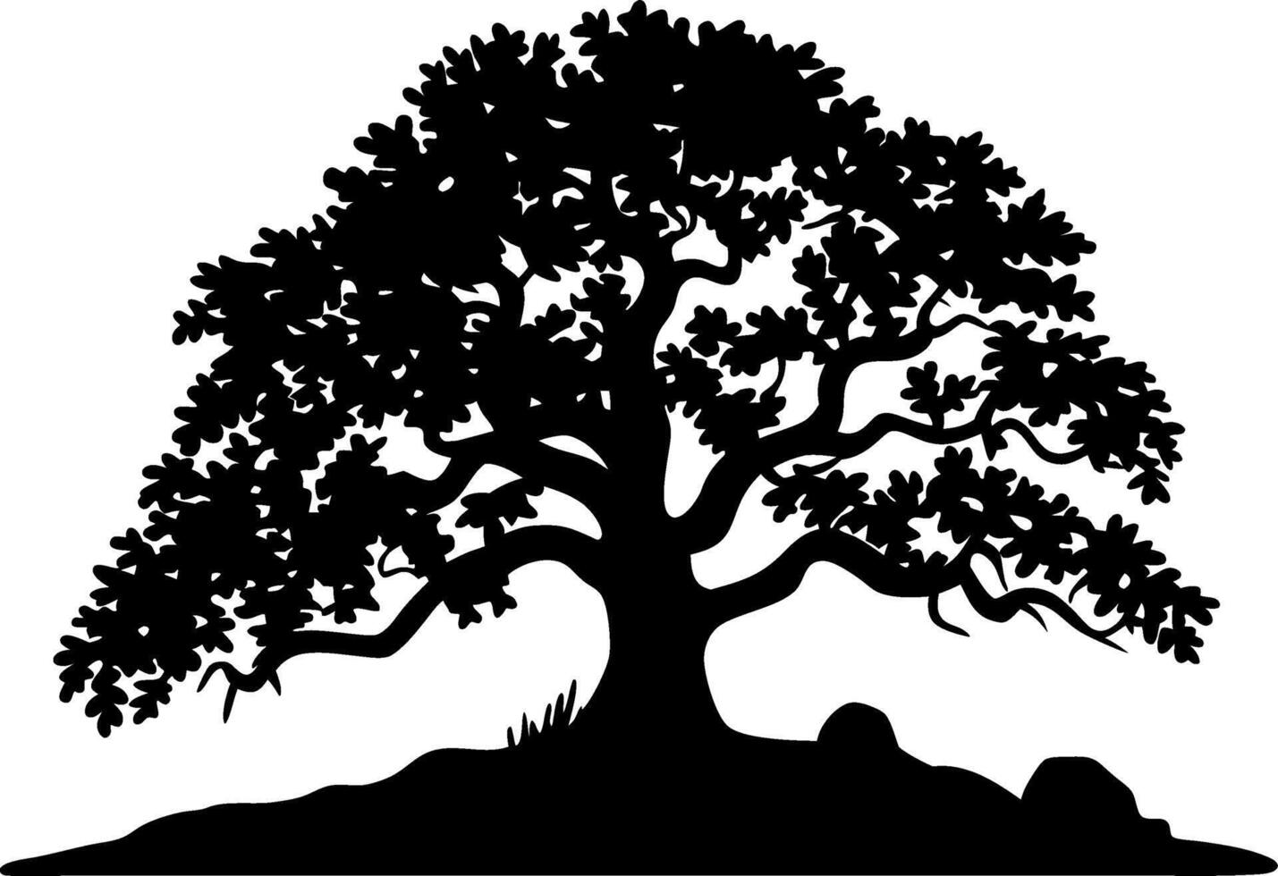 Majestic Oak Tree Silhouette on Hill with Rocks vector