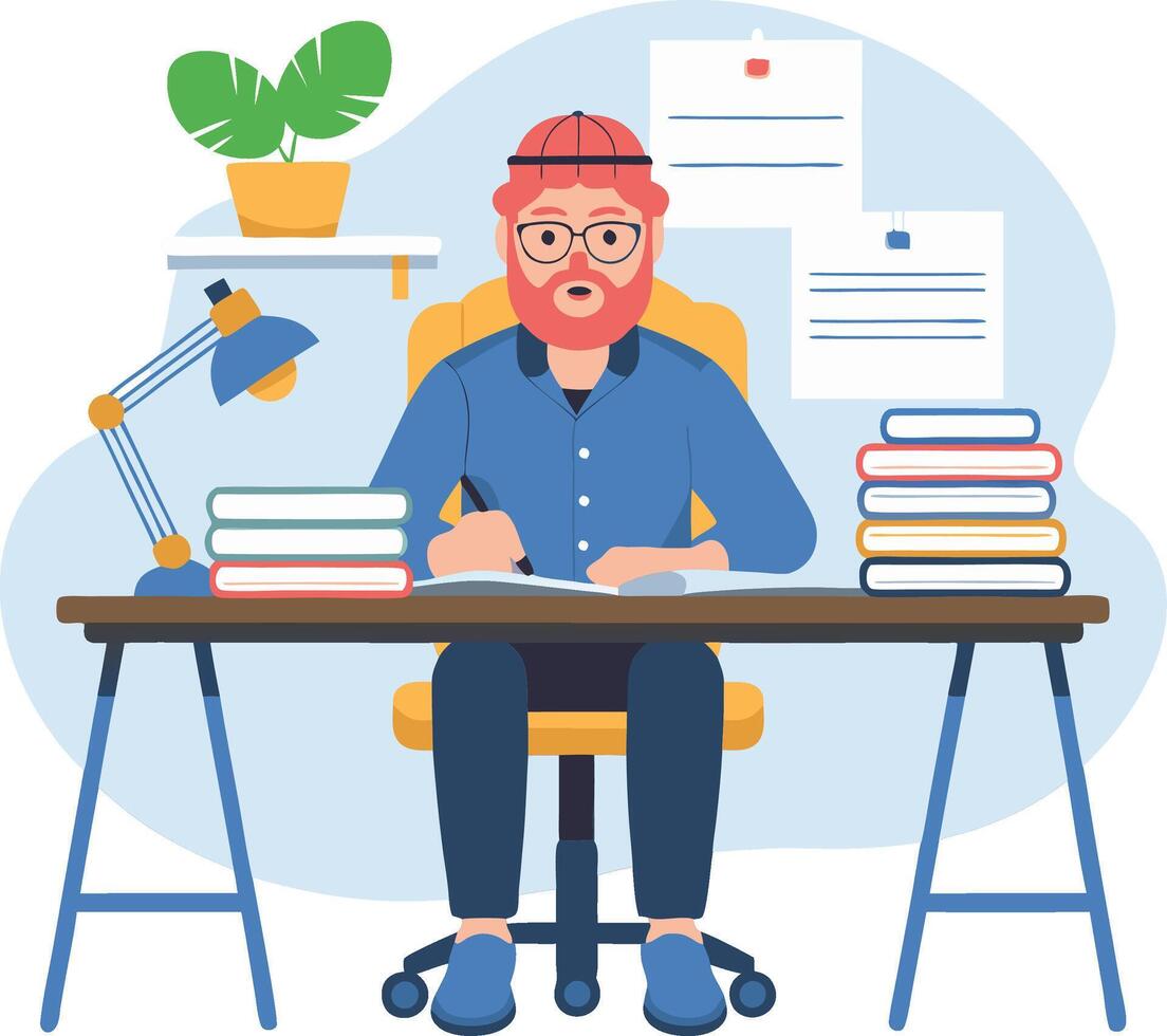 Male Writer at Desk with Books and Notes in Modern Office Illustration vector