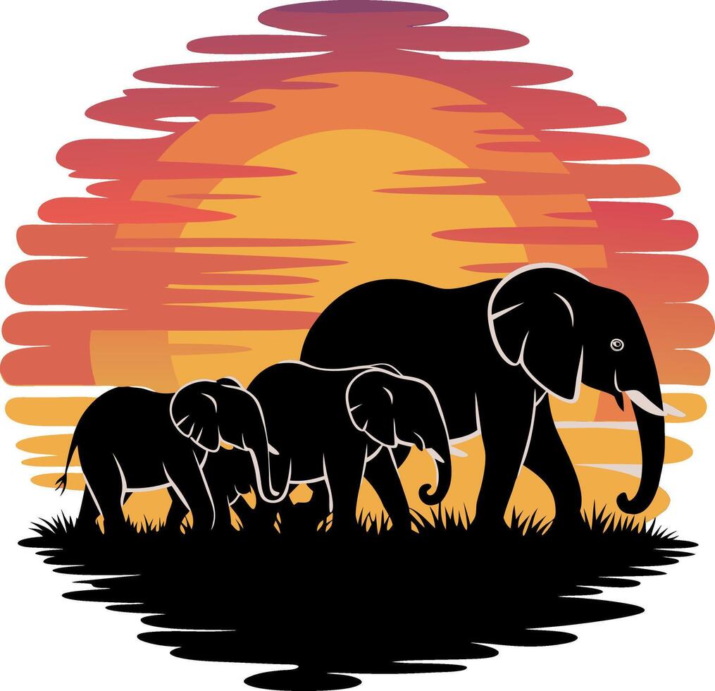 Elephant Family Silhouette Against Vibrant Sunset Art vector