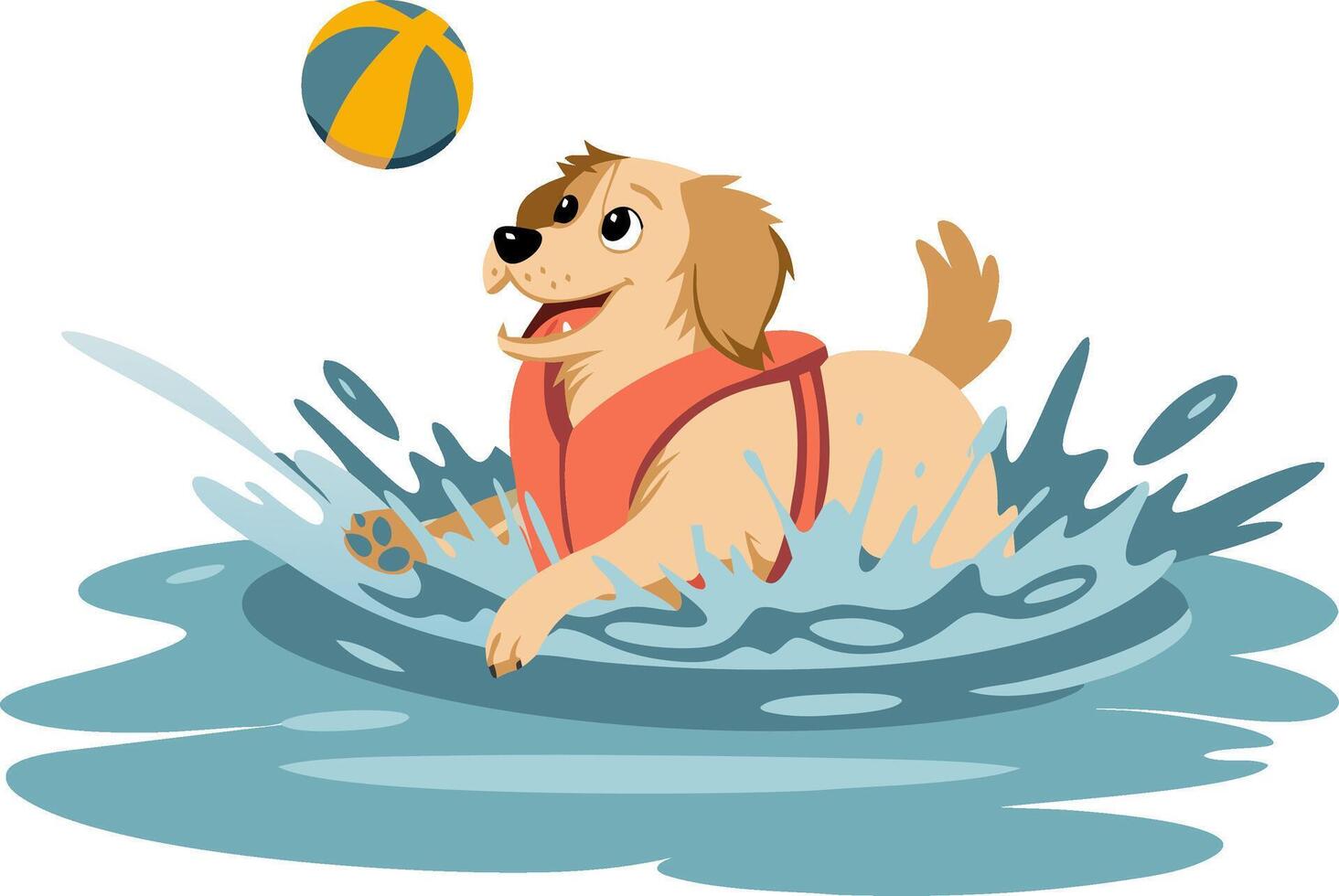 Golden Retriever Puppy Swimming in Water with Ball in a Life Vest Illustration Fun Dog Play vector