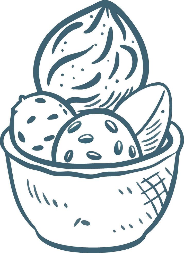 Hand Drawn Ice Cream Bowl Illustration with Scoops and Nuts vector