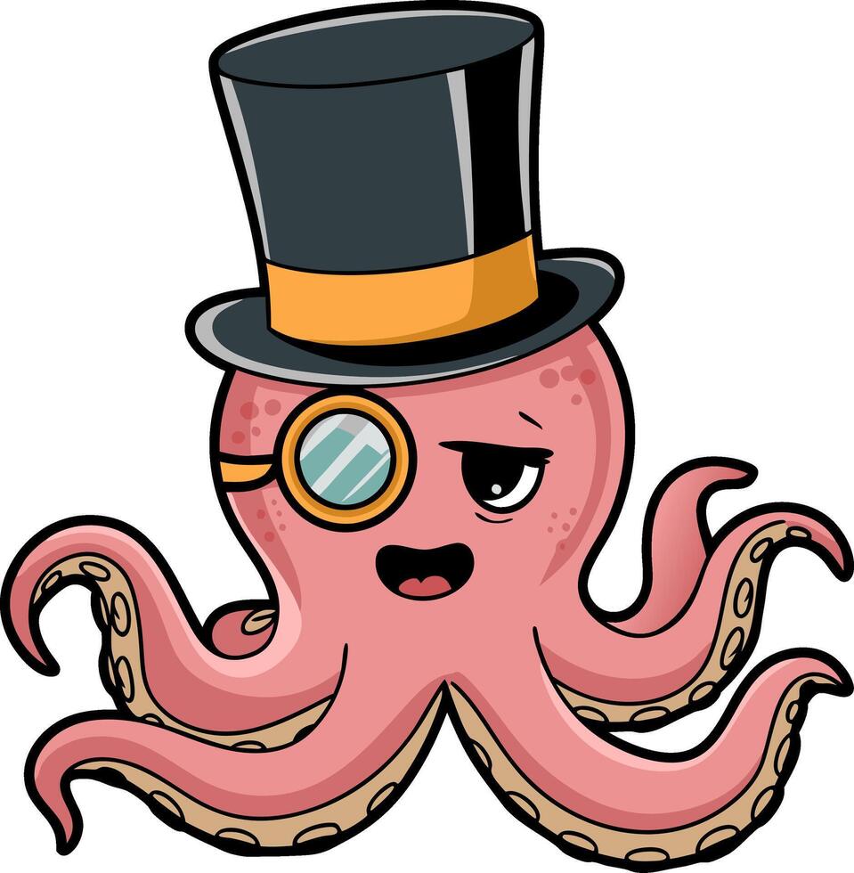 Fancy Octopus with Top Hat and Monocle Stylish Cartoon Animal Illustration vector