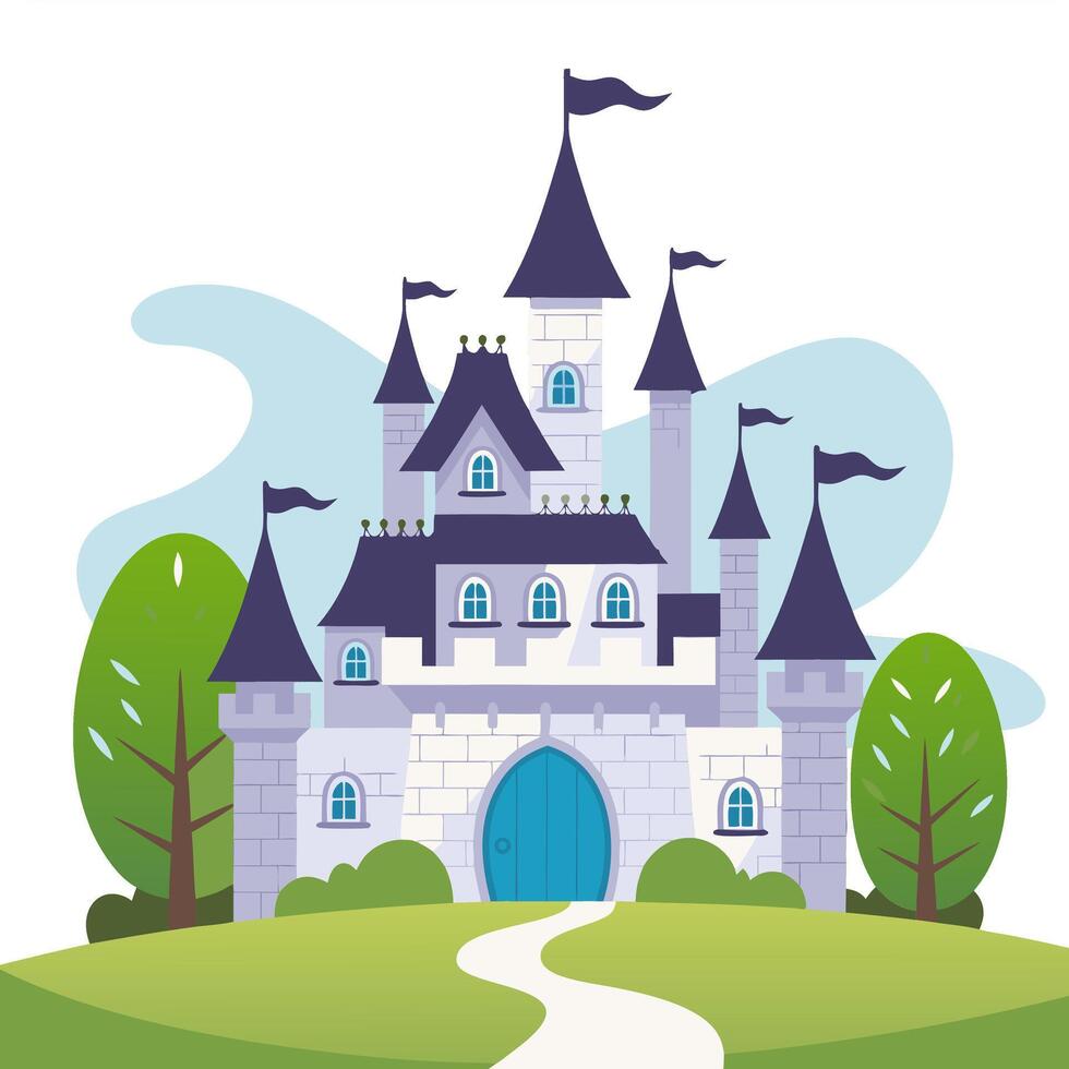 Majestic Fairy Tale Castle in Serene Green Landscape Illustration vector
