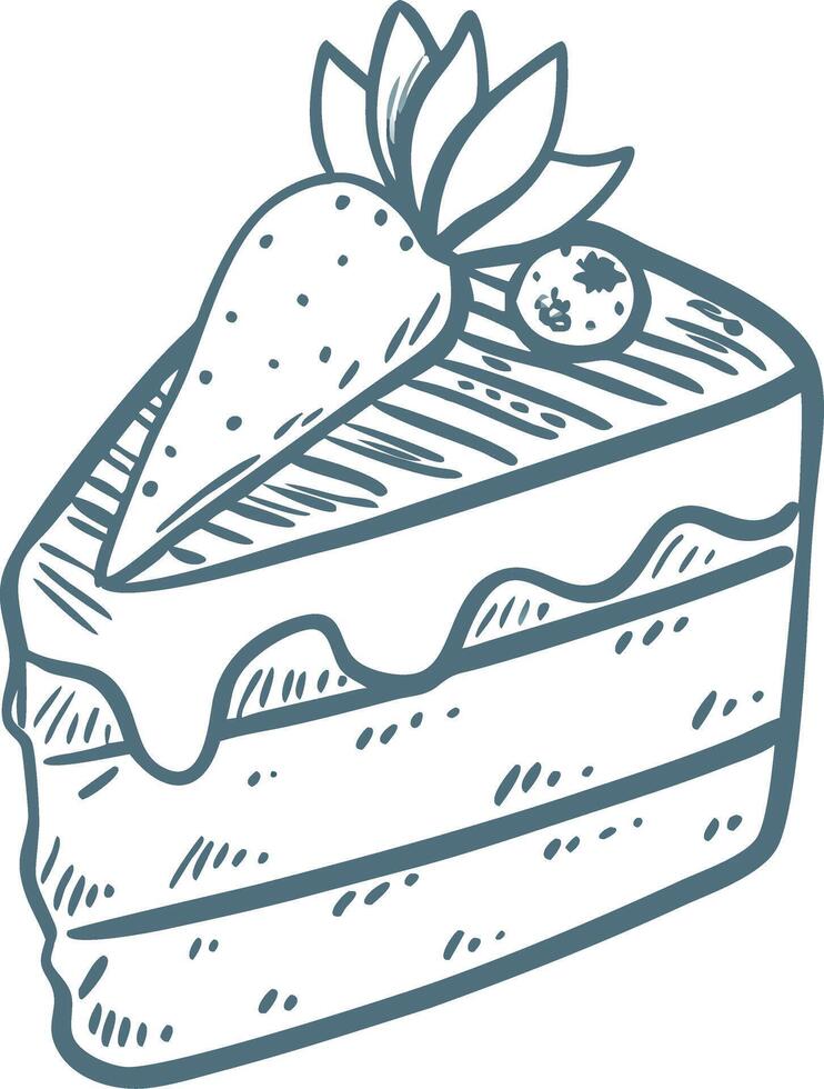 Hand Drawn Layered Cake Slice with Strawberry and Berry Topping on Blue Background vector