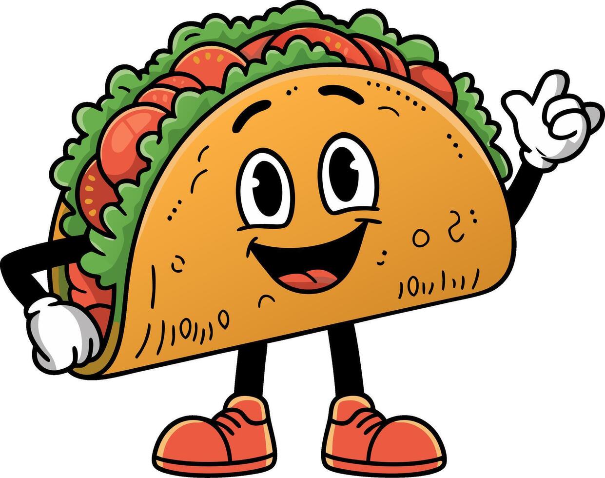 Happy Cartoon Taco Character with Red Shoes and Pointing Gesture Illustration vector