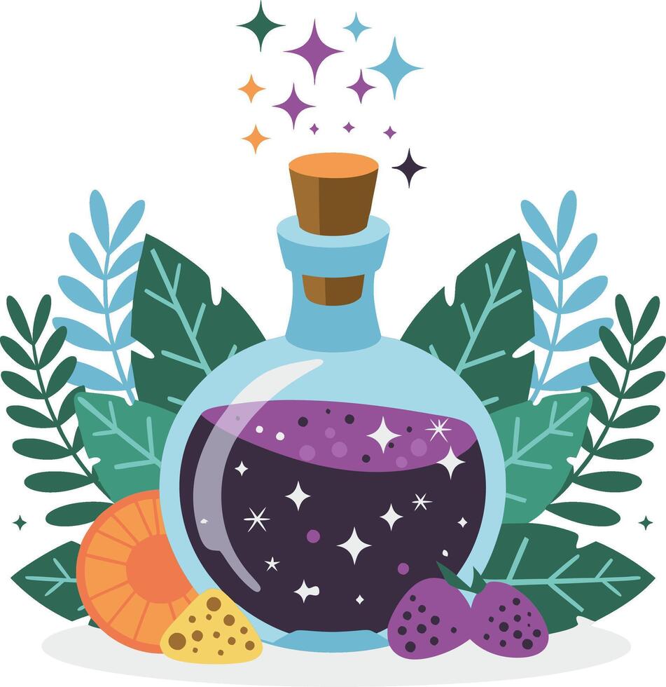Magical Potion Bottle with Sparkling Liquid and Fruits Surrounded by Leaves Art vector