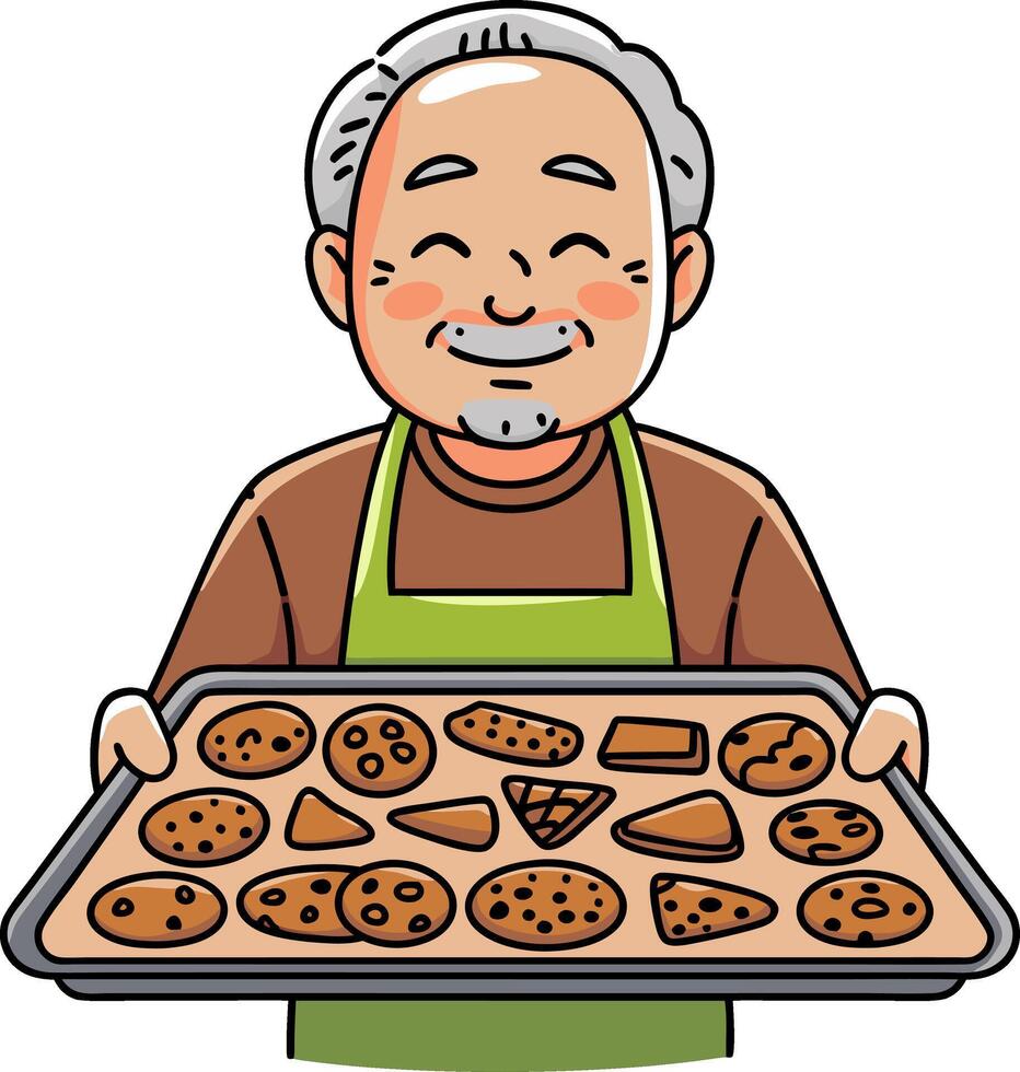 Happy Elderly Baker Holding Tray of Freshly Baked Cookies Illustration vector