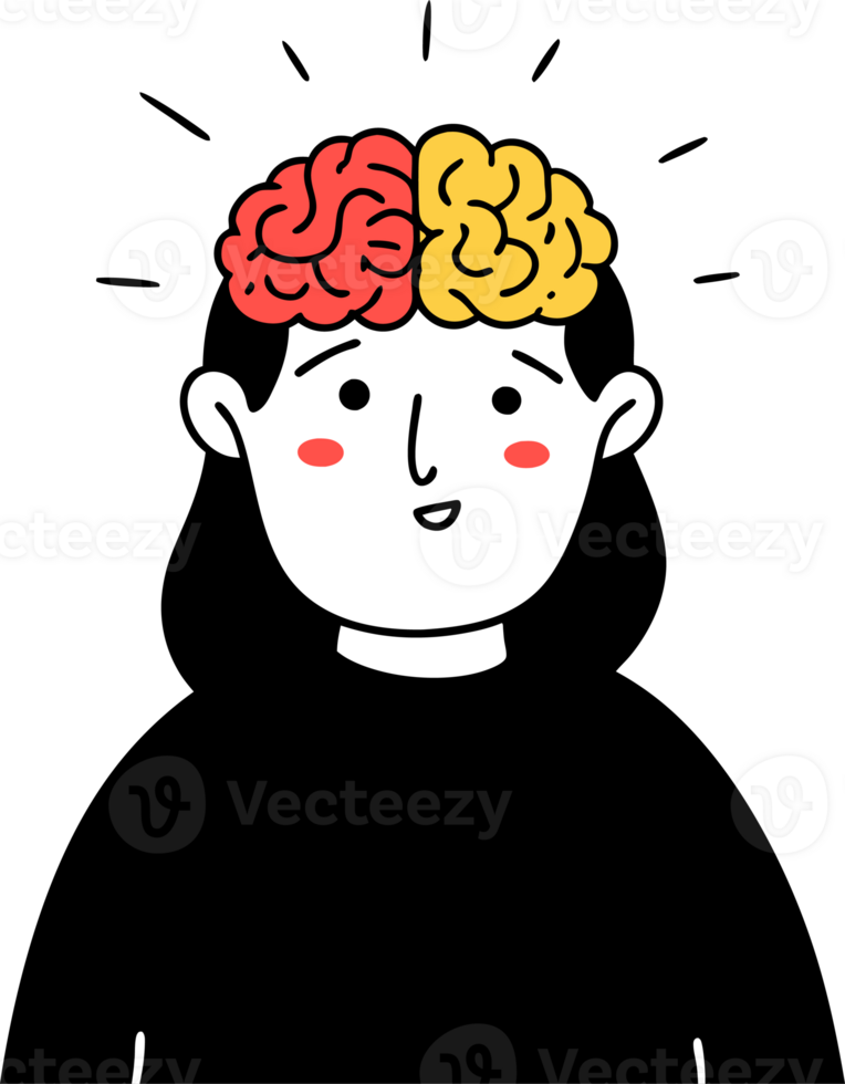 Illustration of a woman with an image of a brain with two hemispheres of different colors png