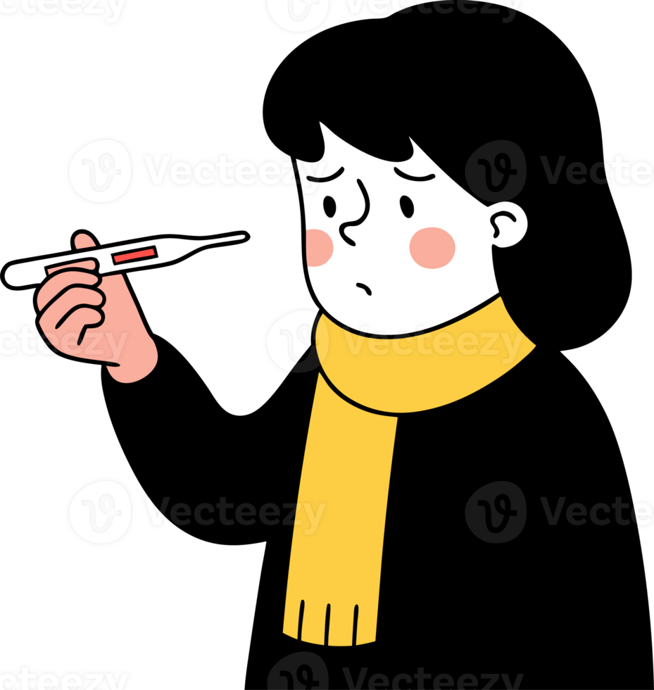 Illustration of a baby girl with a thermometer for measuring body temperature png