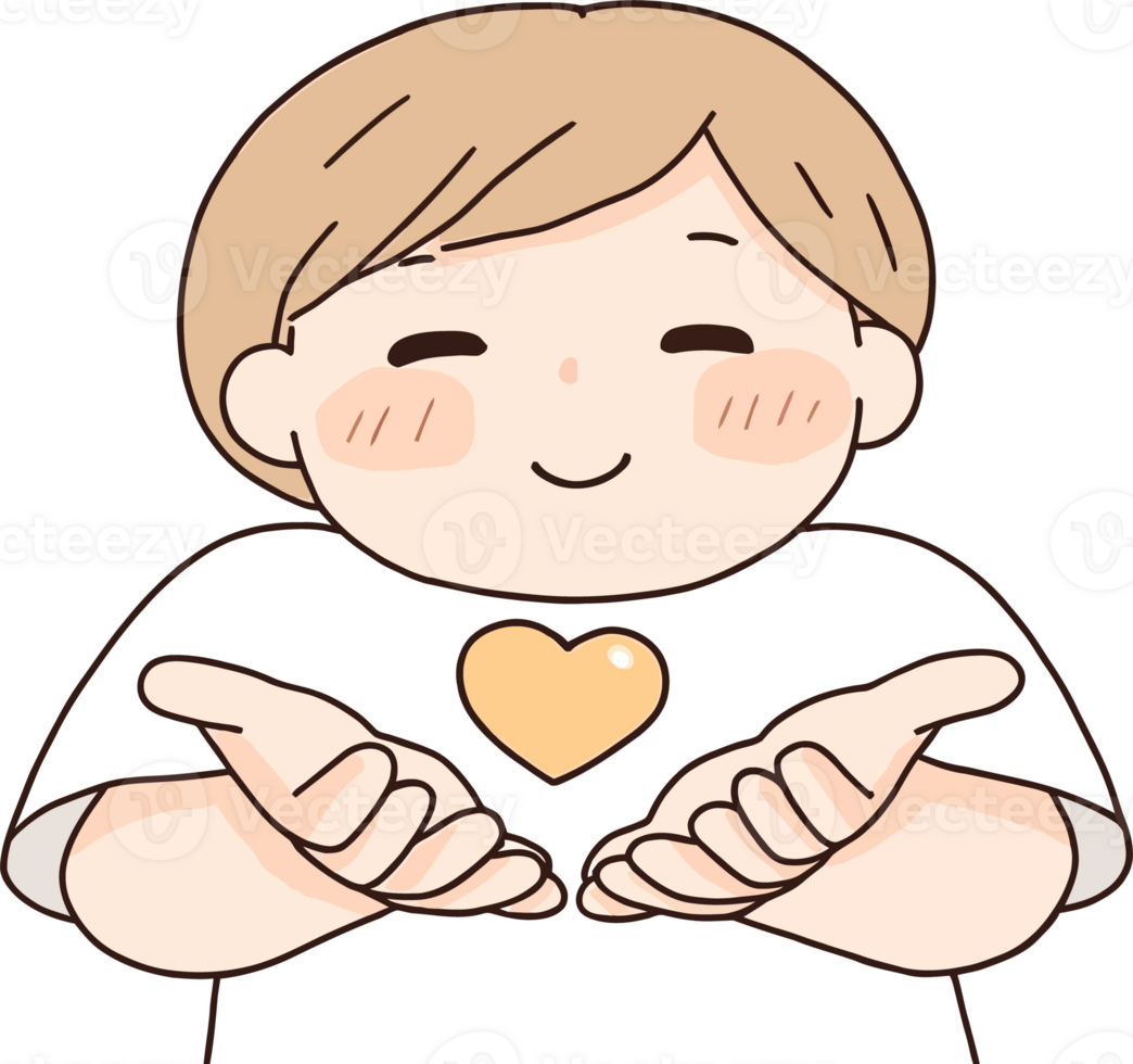Smiling Child Offering Kindness with Open Hands and Heart Symbol on Shirt png