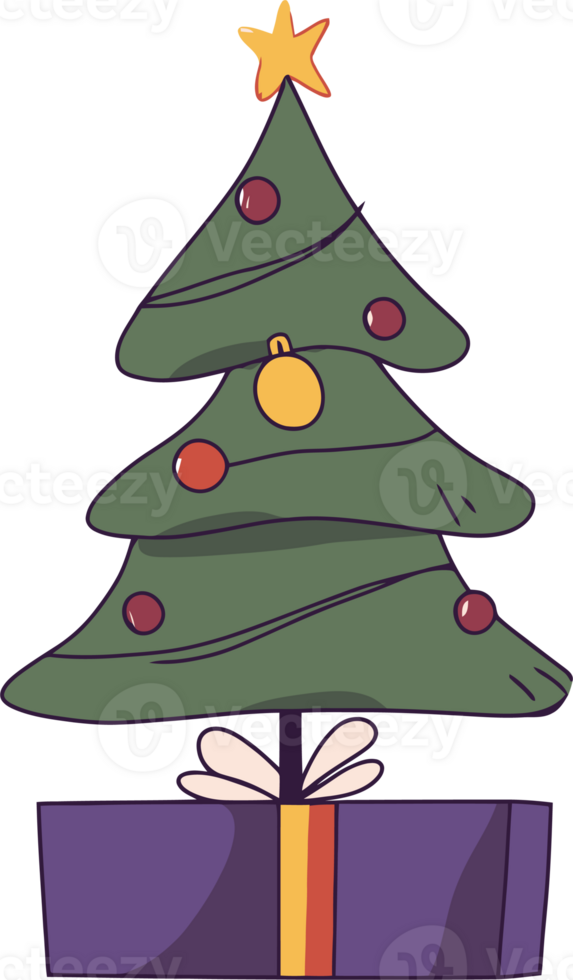 Festive Cartoon Christmas Tree with Ornaments and Present Underneath png