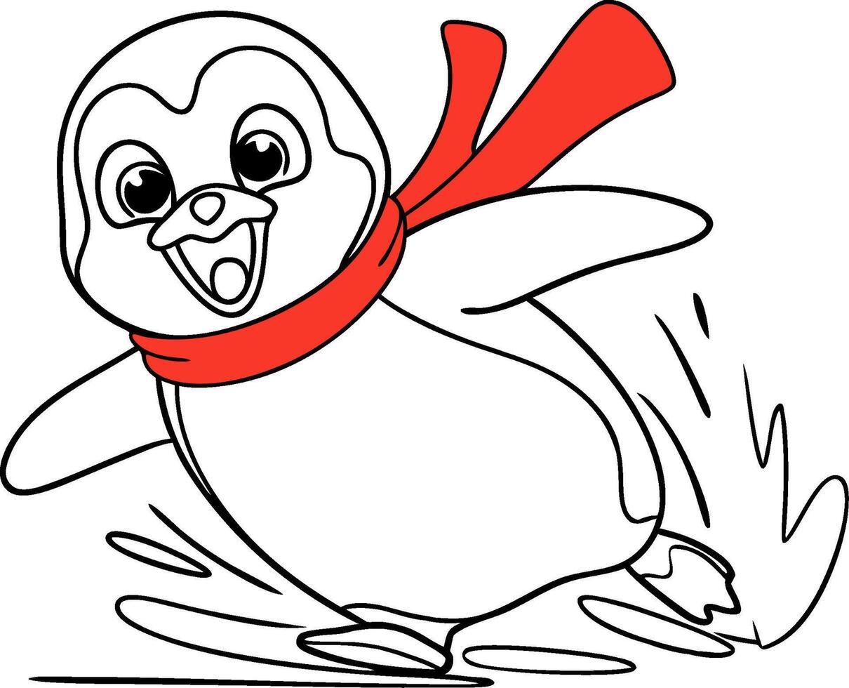 Cute Penguin Skating in Red Scarf Illustration Playful Winter Theme vector