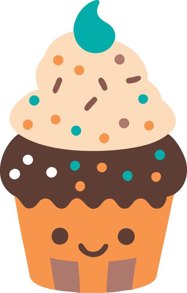 Cute Kawaii Cupcake Dessert with Smiling Face and Colorful Sprinkles vector