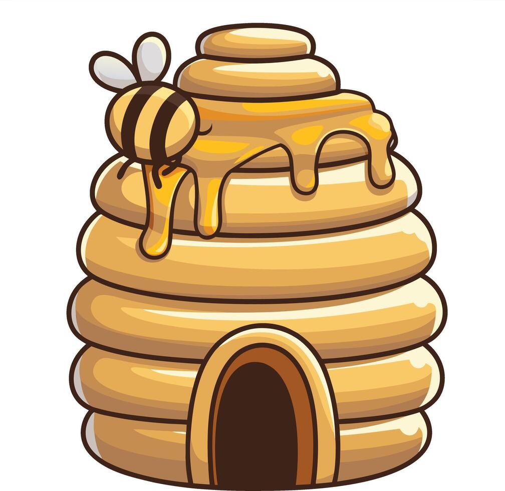Cute Cartoon Bee on Honey Dripping Beehive Illustration vector