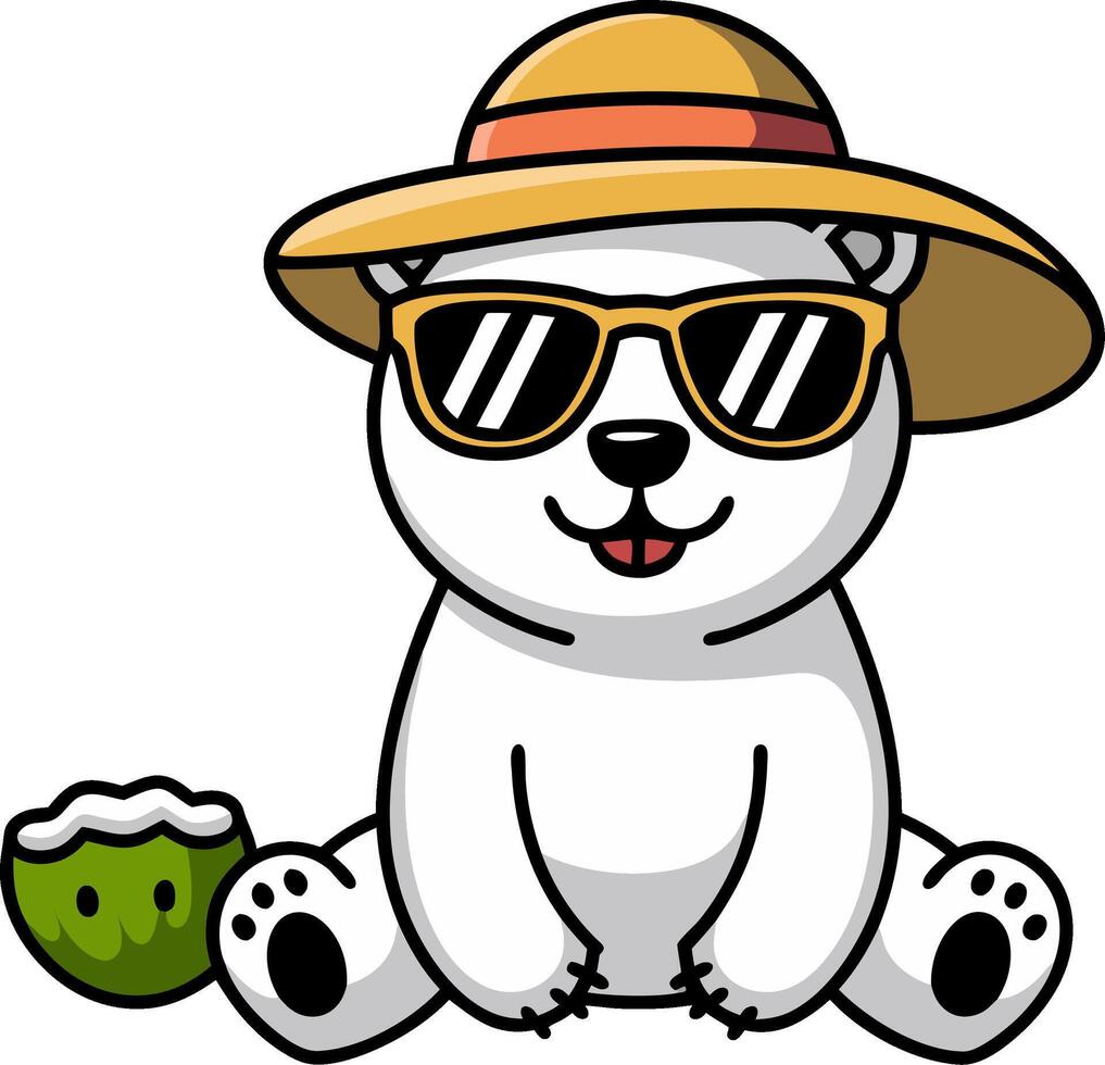 Cute Polar Bear with Sunglasses and Straw Hat Enjoying Summer Vacation vector