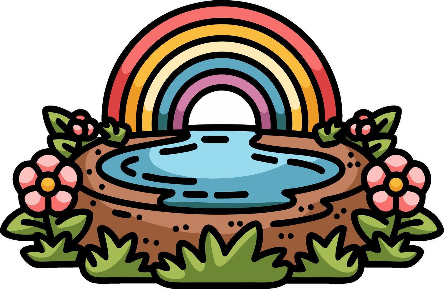 Colorful Rainbow Over Tranquil Pond with Flowers Illustration vector