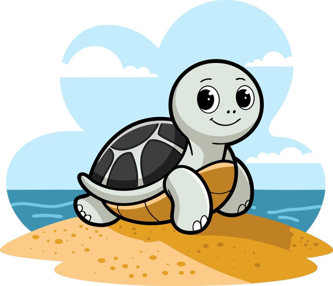 Cute Cartoon Turtle on Sandy Beach with Ocean and Cloudy Sky Background Illustration vector