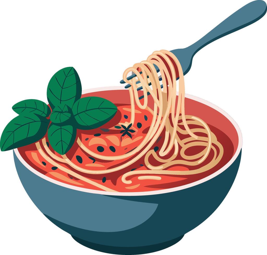 Delicious Spaghetti Bowl with Tomato Sauce and Basil Garnish vector