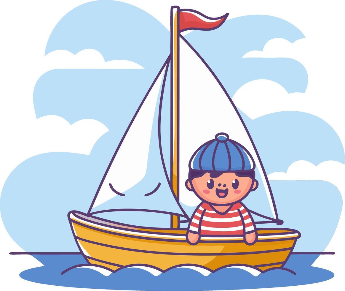 Cute Sailor Kid on Yellow Sailboat Playful Character Illustration vector