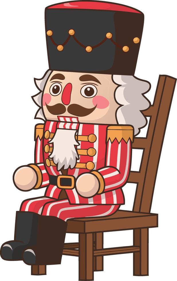 Festive Nutcracker Toy Sitting on Wooden Chair Illustration vector