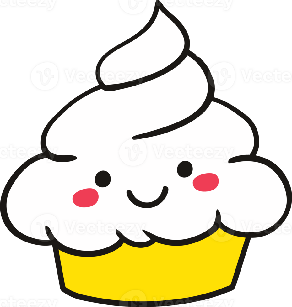 Cute Smiling Kawaii Cupcake with Whipped Cream Frosting in Yellow Wrapper Clipart png