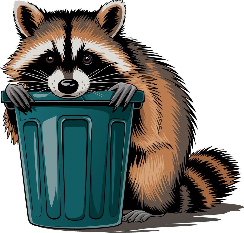 Raccoon Peeking from Trash Can Illustration Wildlife Art vector