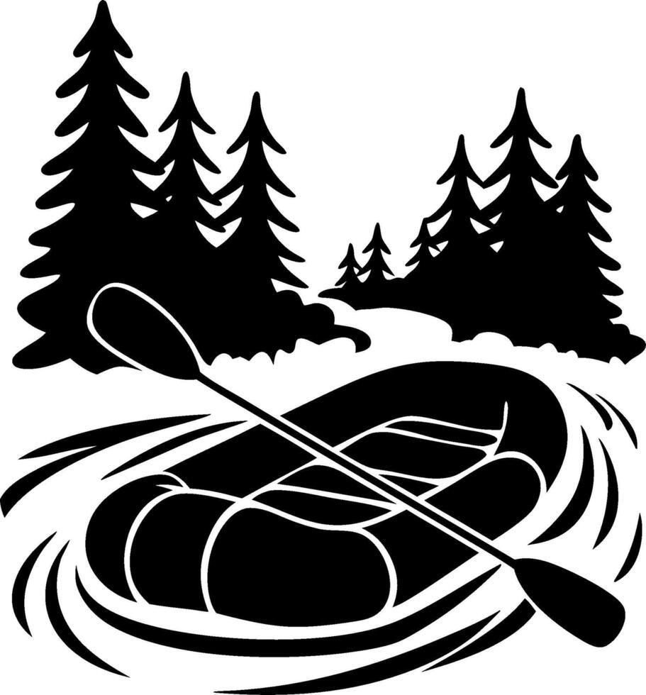 Rafting Adventure Silhouette with Pine Forest and Rapids Scene vector