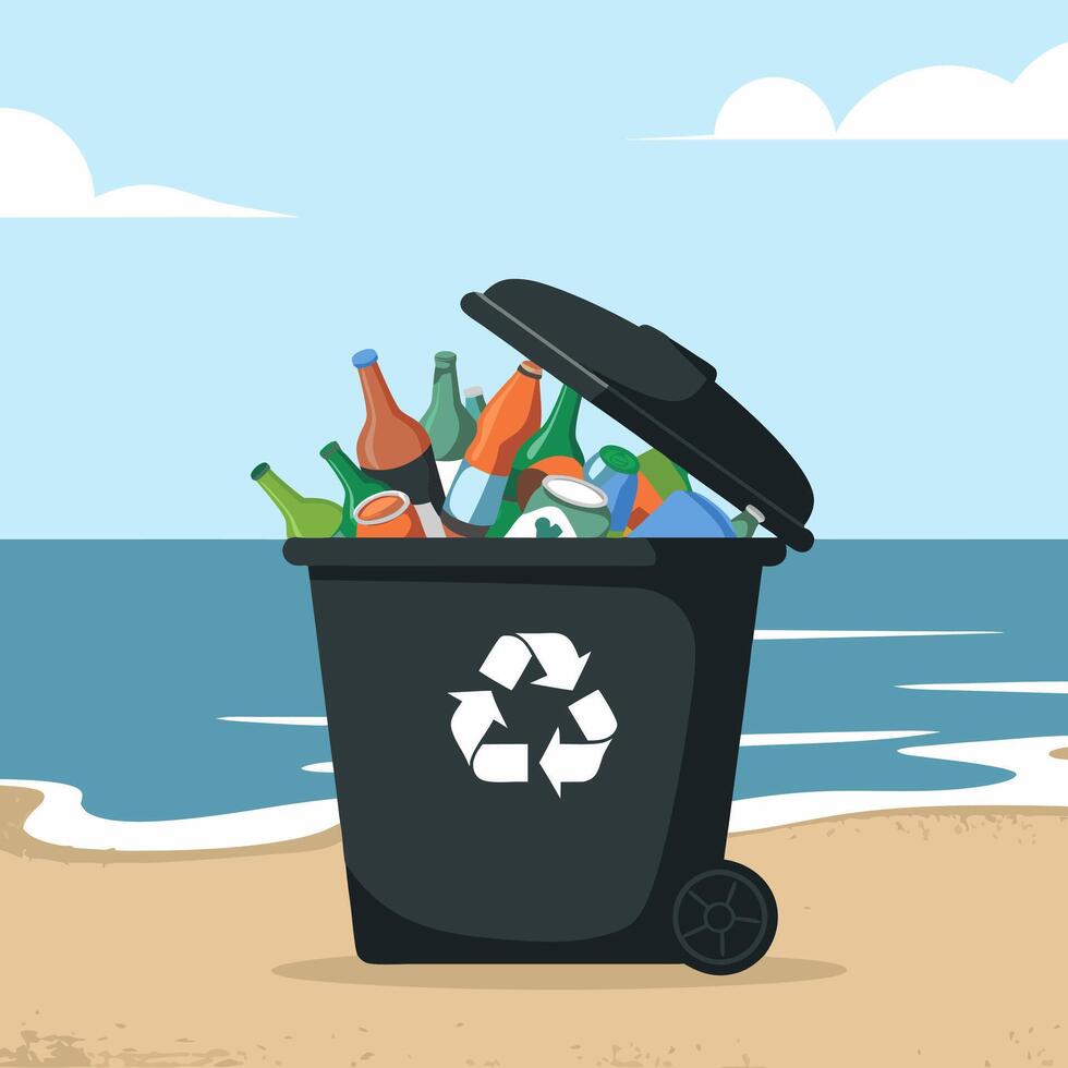 Recycling Bin Filled with Bottles on Beach Coastal Environment Conservation vector