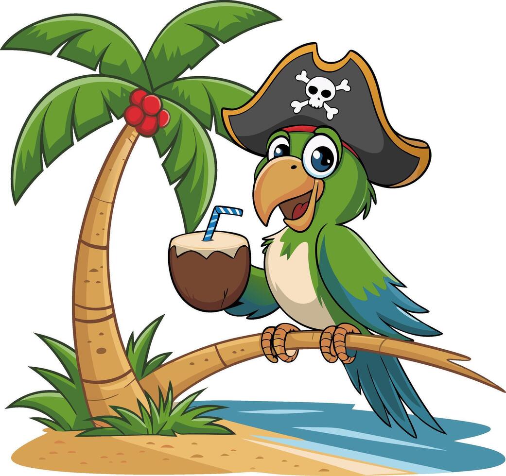 Pirate Parrot with Coconut Drink on Tropical Beach Illustration vector