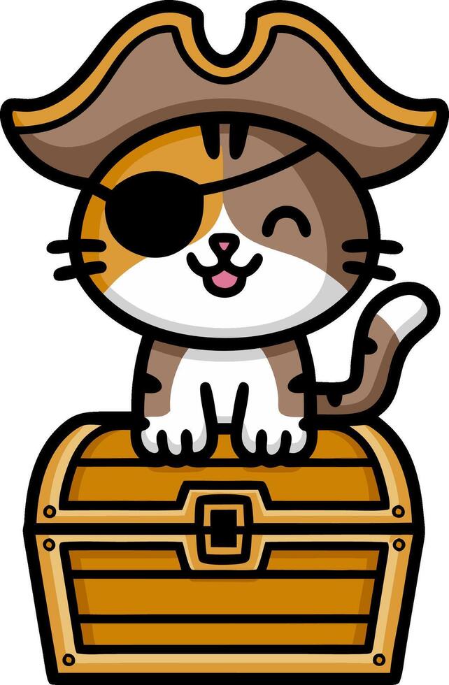 Pirate Cat Cartoon with Eye Patch and Treasure Chest vector