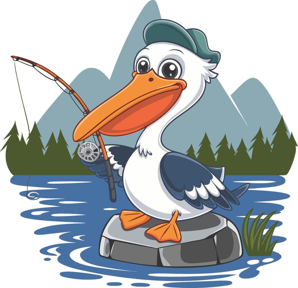 Cartoon Pelican Fisherman with Hat and Fishing Rod in Scenic Lake Art vector