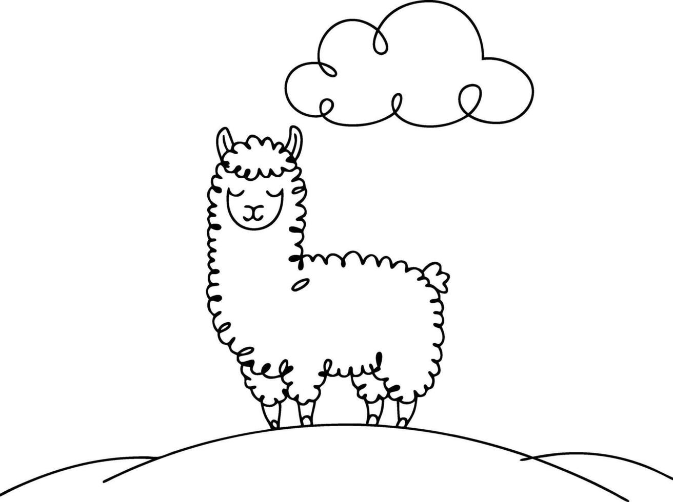 Cute Alpaca Line Art Illustration with Cloud on Hill Scene vector