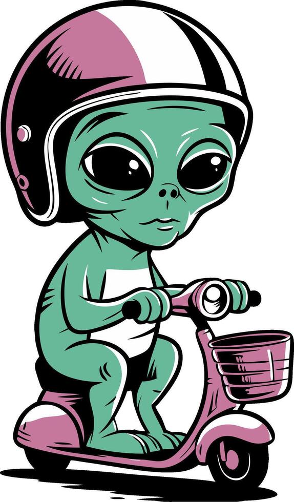 Cute Alien Character Riding Scooter Wearing Helmet Illustration vector