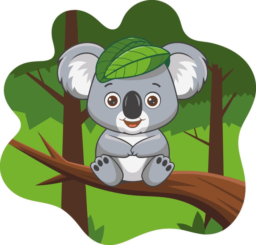 Cute Koala Sitting on Tree Branch in Lush Green Forest Cartoon Illustration vector
