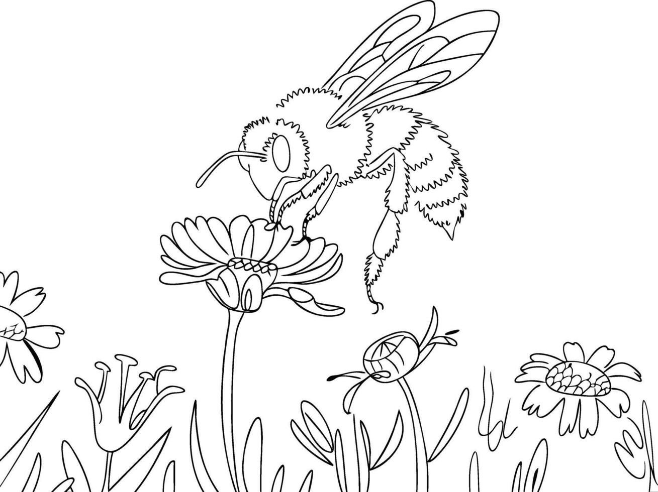 Detailed Illustration of Bee on Flower in Natural Meadow Setting for Educational and Artistic Use vector