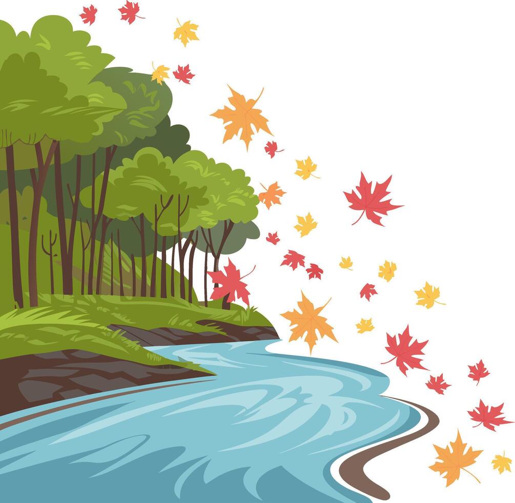 Autumn Forest River Scene with Falling Leaves Illustration vector